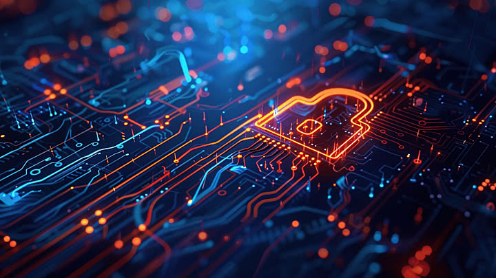 Segurança digital BroLabs — circuito tecnológico com cadeado